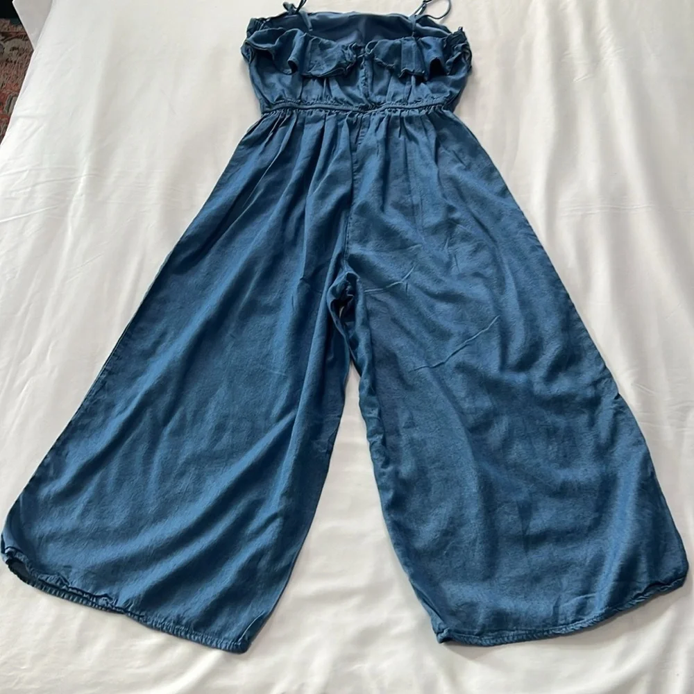 Harper Heritage Spaghetti Strap Ruffle Top Cropped Wide Leg Denim Romper